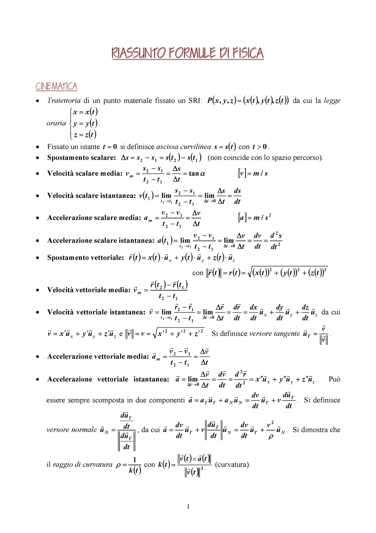 Formulario Fisica I - RRIASSUNTO IASSUNTO FFORM ORMUULLE E DDII FFIIS ICAA  ISSIC CINEMATICA - Studocu