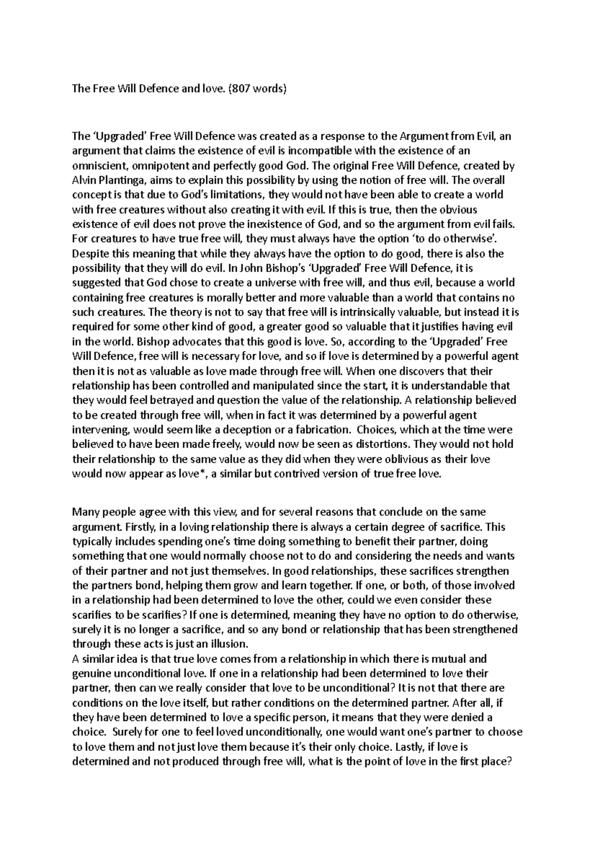 The Free Will Defence and Love - (807 words) The ‘Upgraded’ Free Will ...