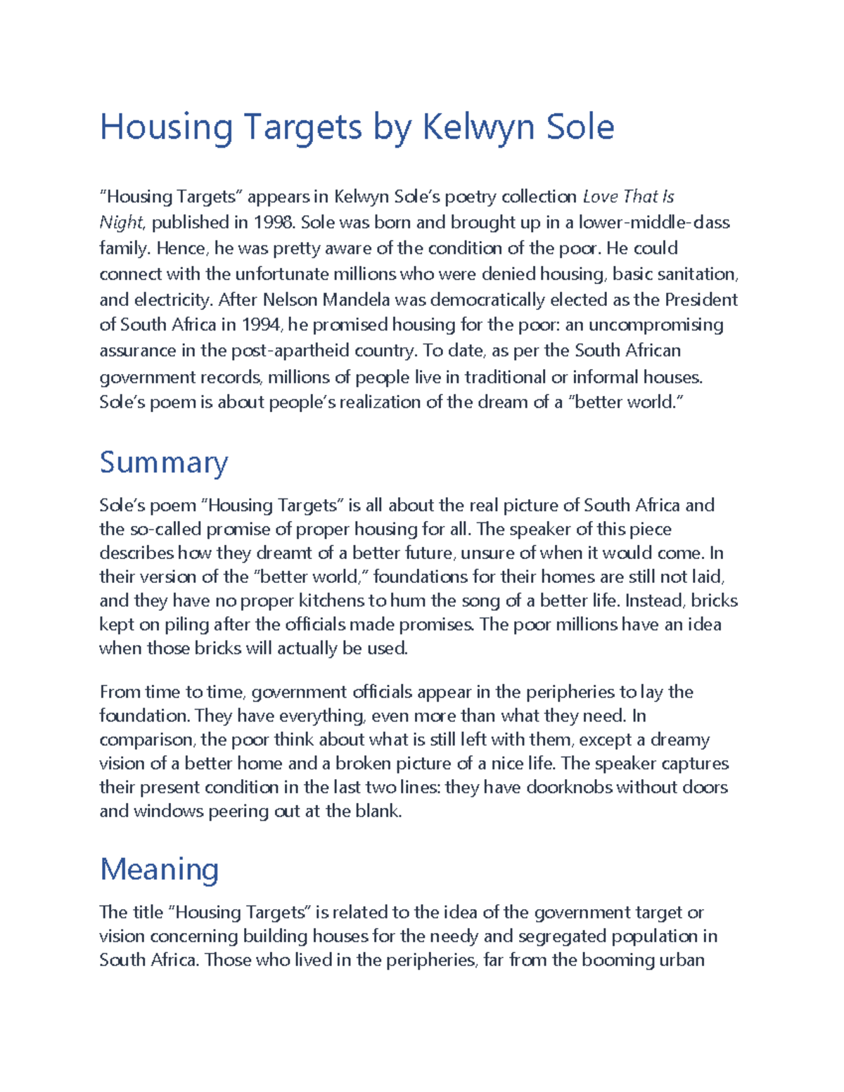 Housing targets NA Housing Targets by Kelwyn Sole