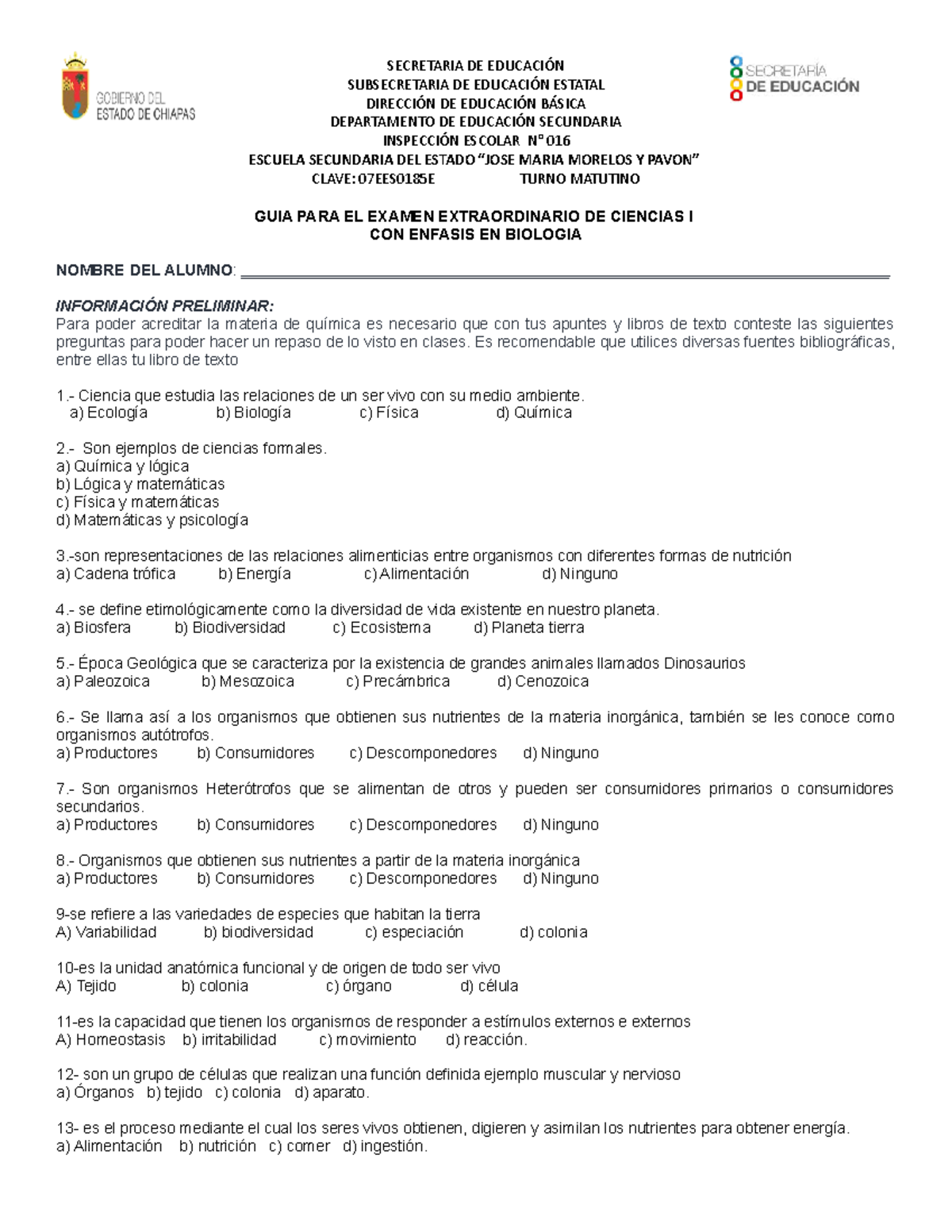 Examen Extraordinario De Ciencias 1 Biol - SUBSECRETARIA DE EDUCACIÓN ...