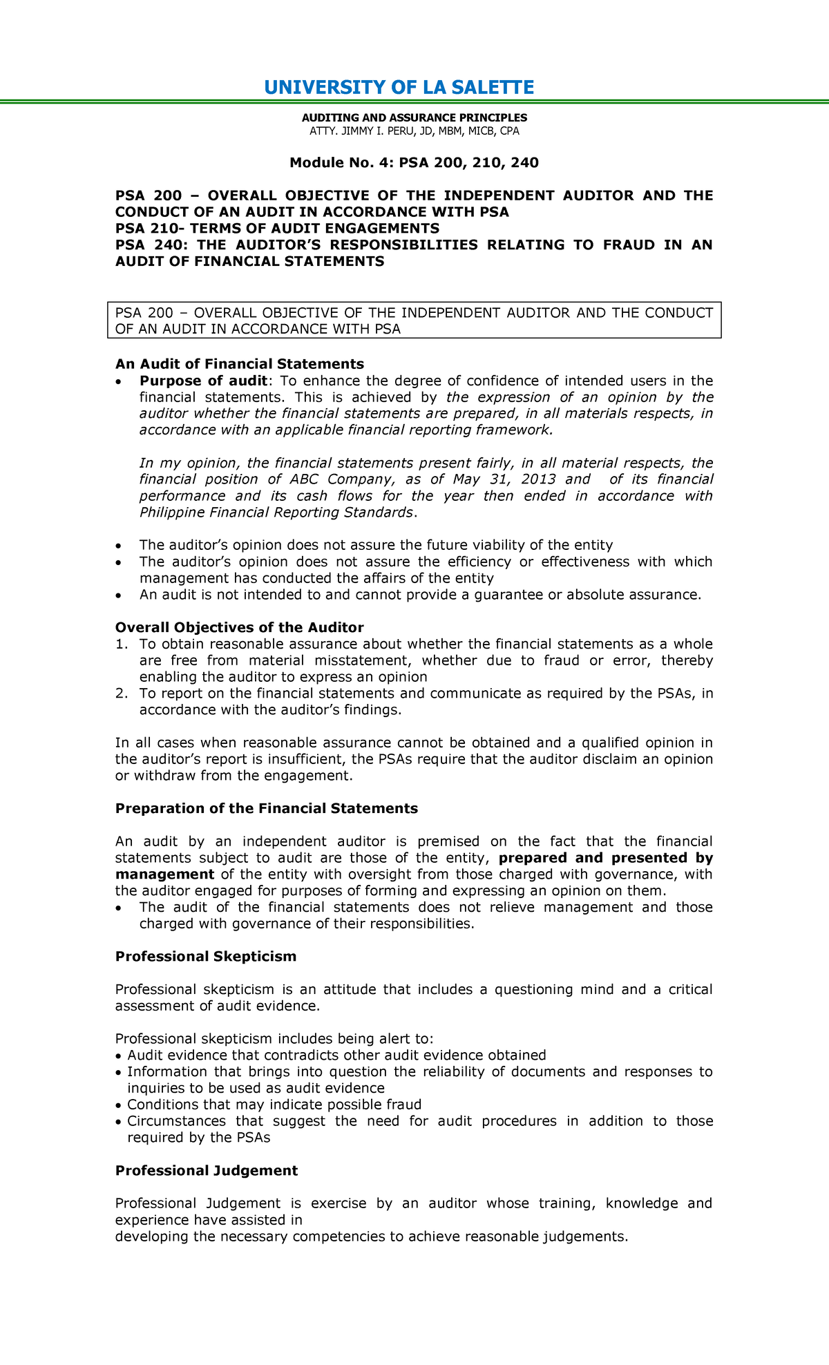 Module 4 PSA 200 210 240 - ..... - UNIVERSITY OF LA SALETTE AUDITING ...