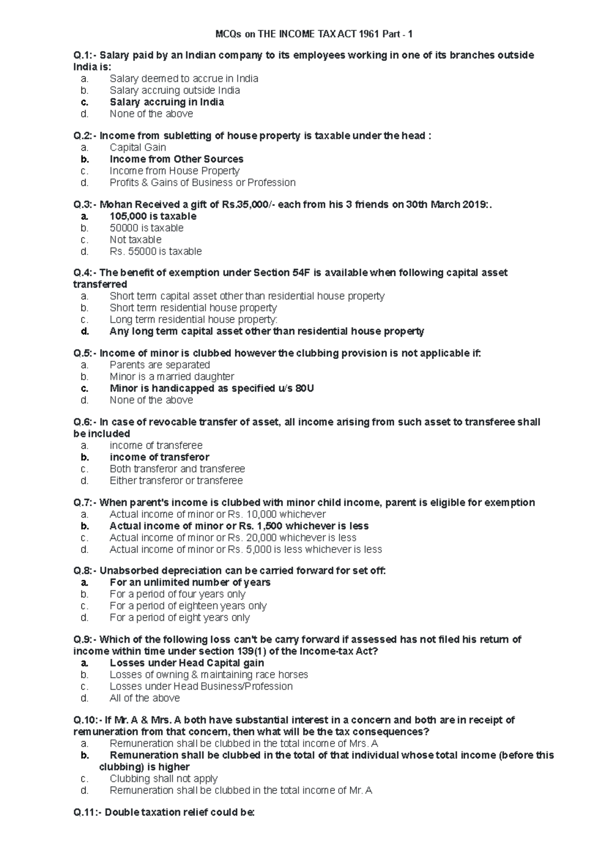 MCQ income tax - MCQs on THE INCOME TAX ACT 1961 Part - 1 Q:- Salary ...