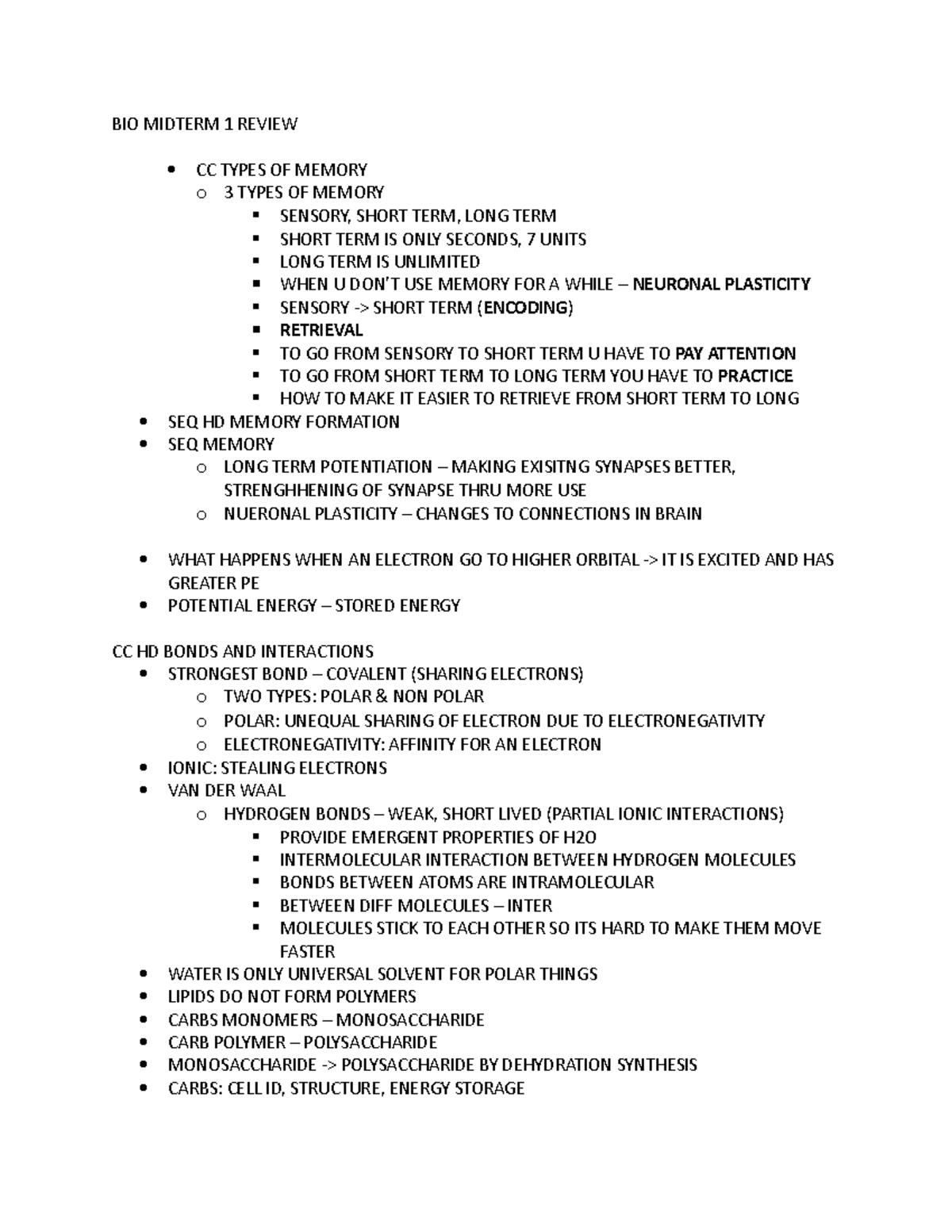 BIO Midterm 1 Review - BIO MIDTERM 1 REVIEW CC TYPES OF MEMORY o 3 ...