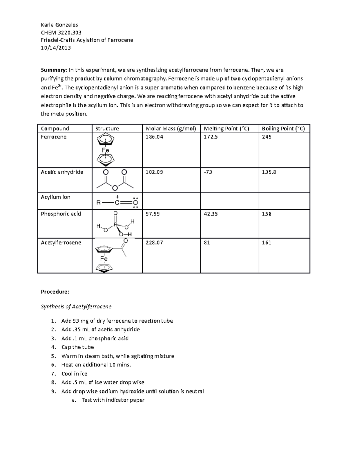 Freidel Crafts Acylation of Ferrocene LAB - Karla Gonzales CHEM 3220 ...