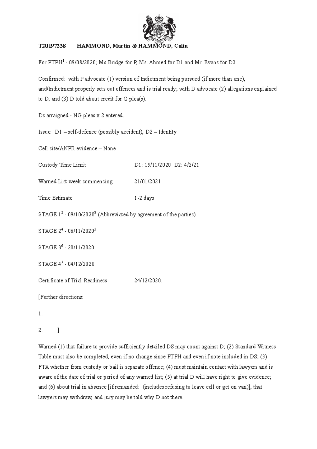 PTPH Judge’s note of directions T20197238 HAMMOND, Martin & HAMMOND