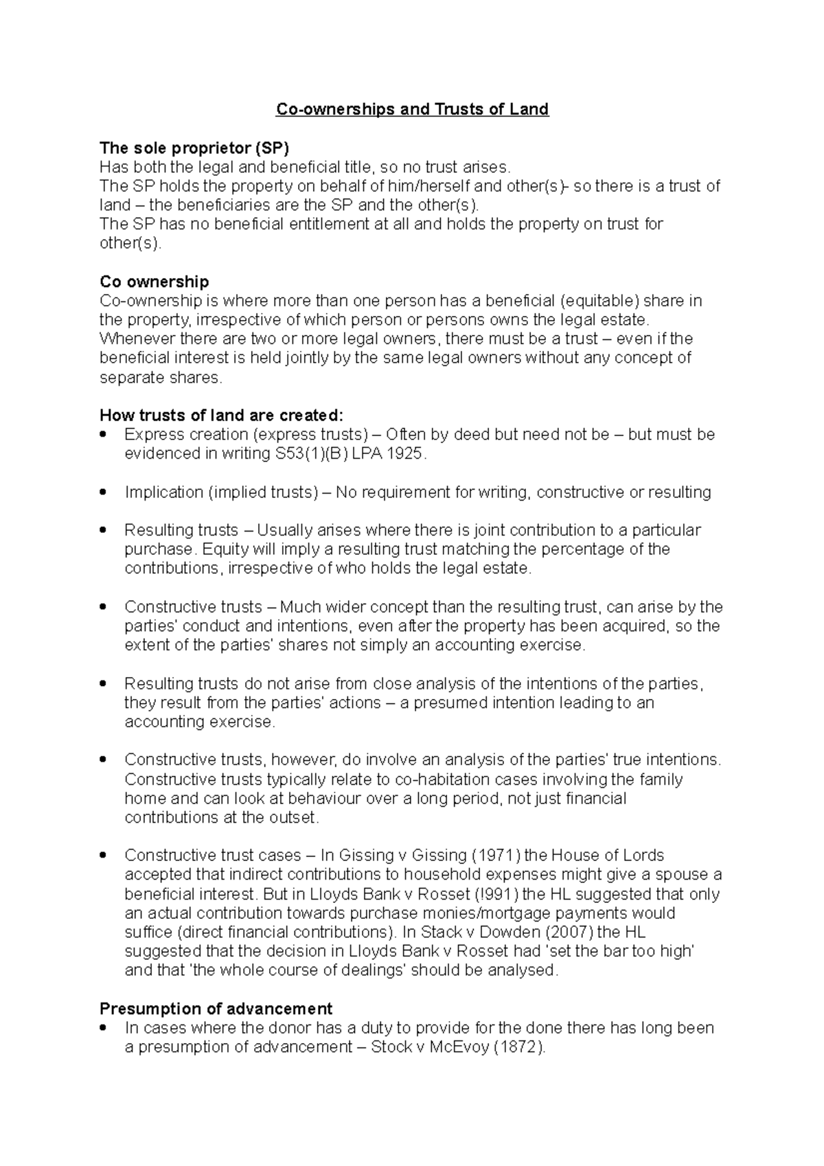 Co-Trust Ownership Notes - Co-ownerships and Trusts of Land The sole ...