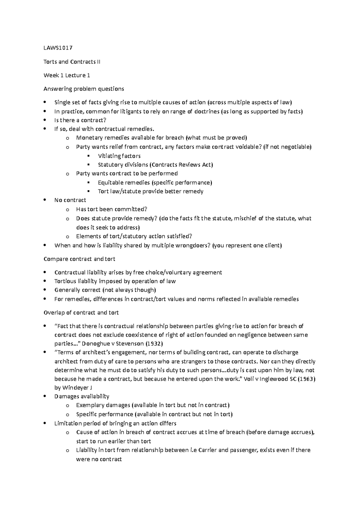 Torts And Contracts Lecture 1 Laws Torts And Contracts Ii Week 1 Lecture 1 Answering Problem 4026