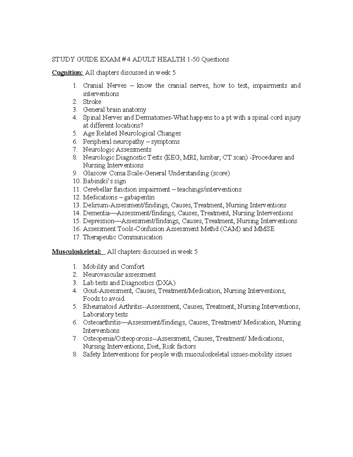 Neurological and Musculoskeletal Review Notes - STUDY GUIDE EXAM # 4 ...