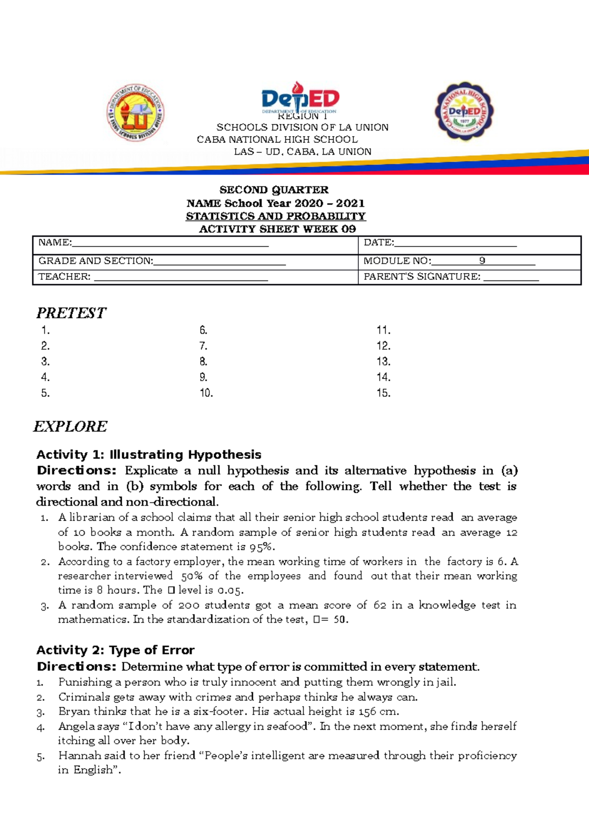 Anser- Sheet-Stat-and-Prob Q4 Module-9m AY-17-21 - REGION 1 SCHOOLS ...