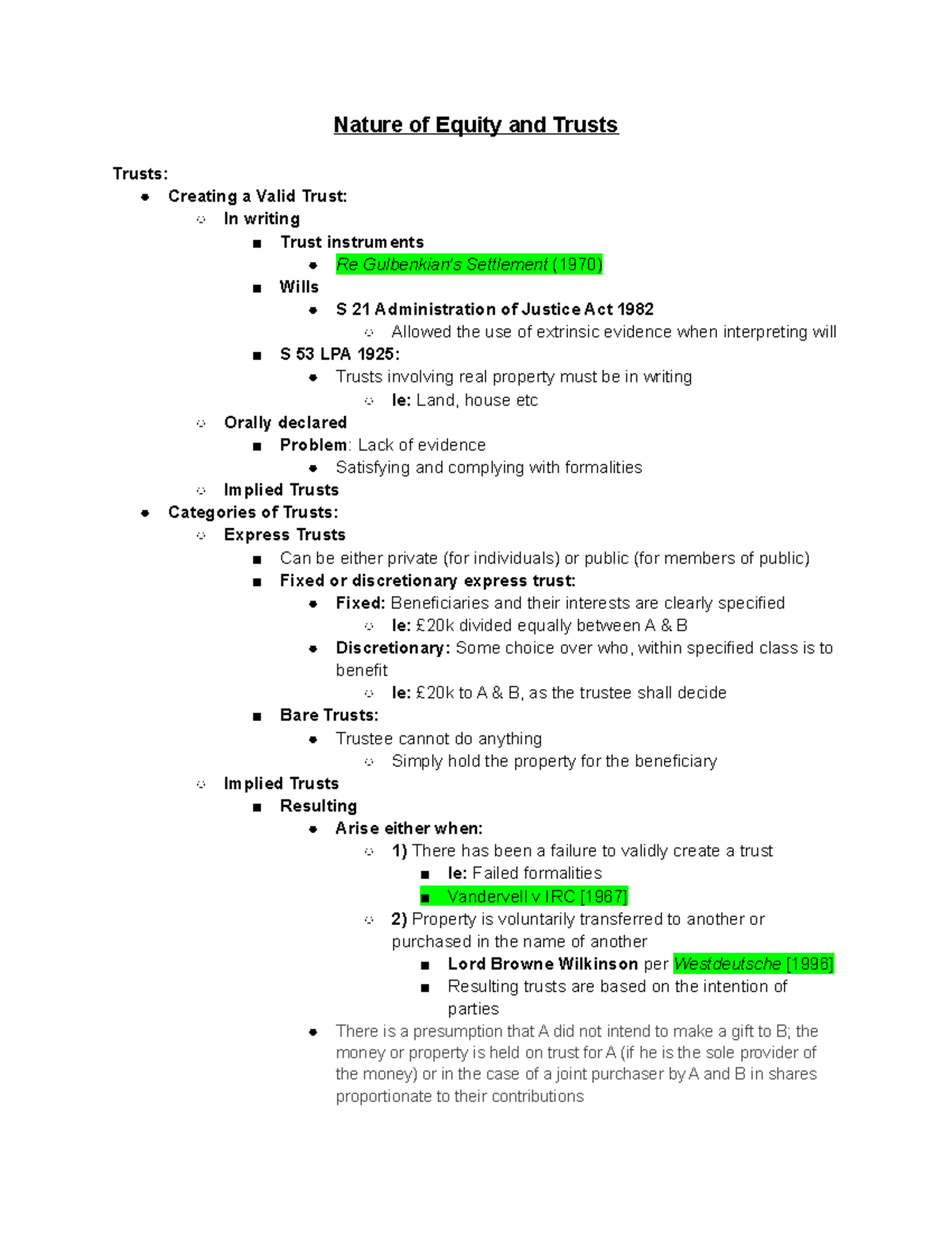 Equity Revision Notes - Nature of Equity and Trusts Trusts: Creating a ...