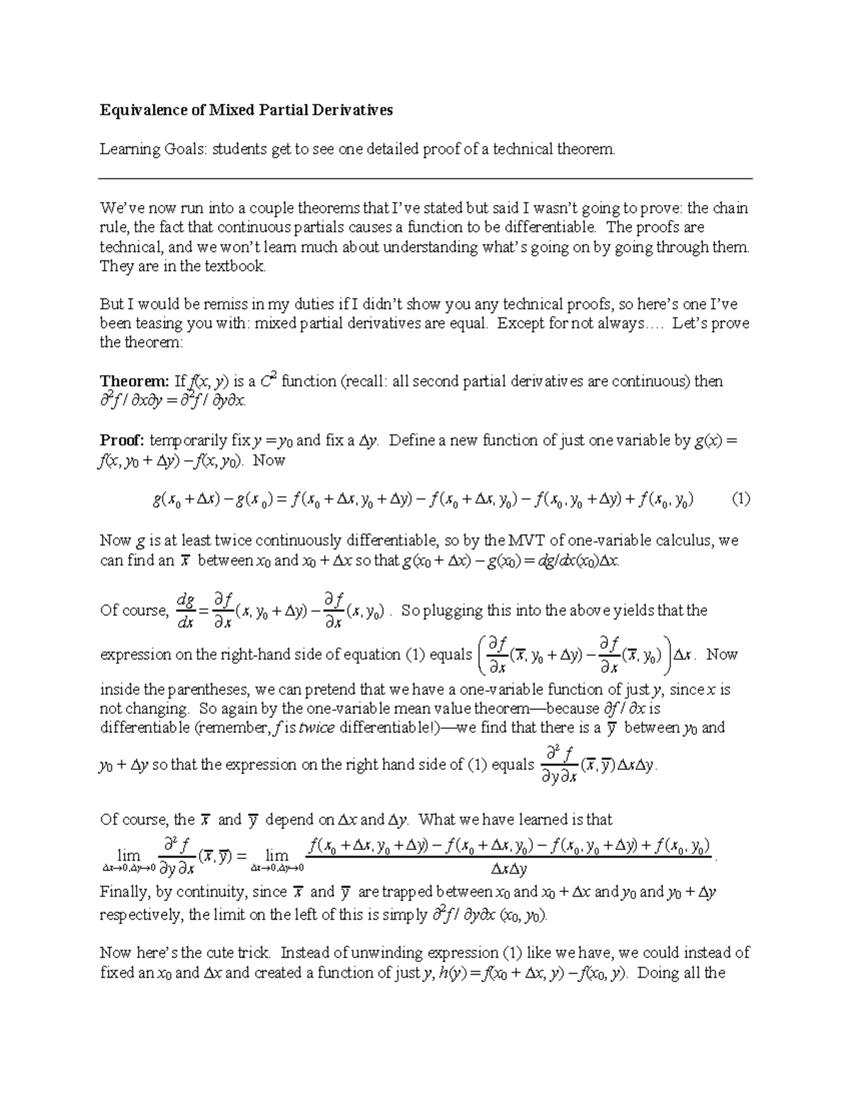 Notes 27-Mixed Partial Derivatives - Equivalence of Mixed Partial ...