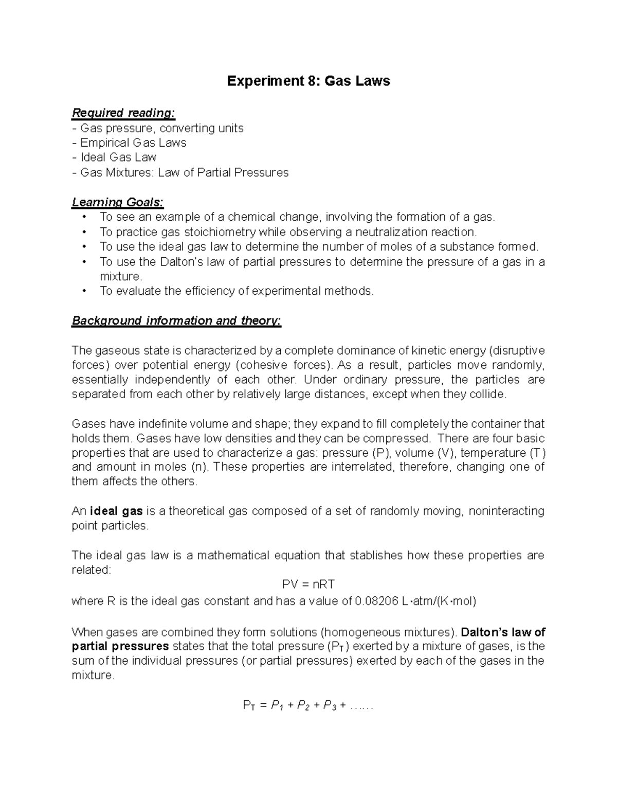 Experiment 8 Gas Laws Experiment 8 Gas Laws Required reading Gas