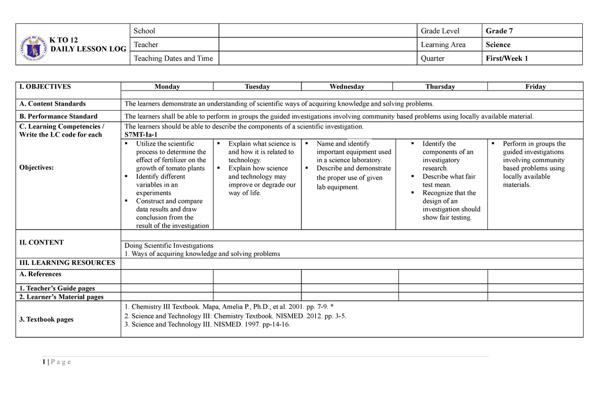 412429309 DLL Science 7 Q1 Week 1 Docx - K TO 12 DAILY LESSON LOG ...