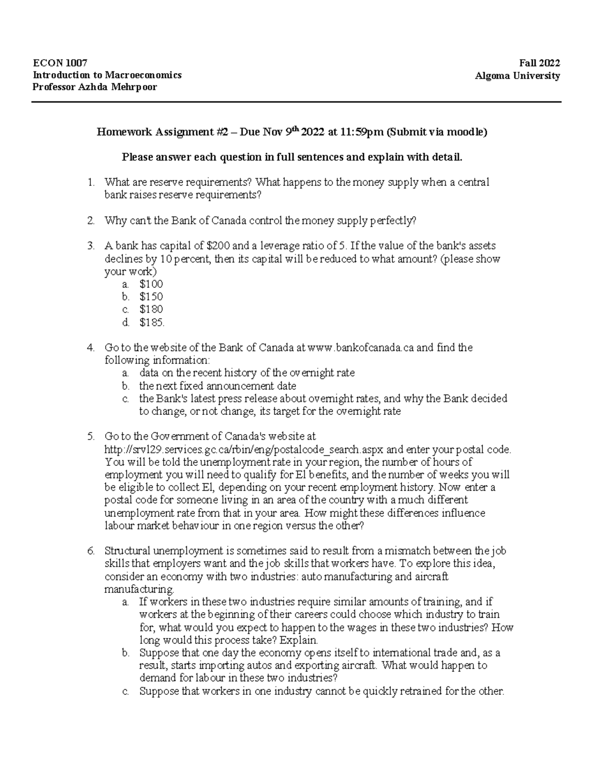 Assignment #2 - ECON 1007 Introduction To Macroeconomics Professor ...