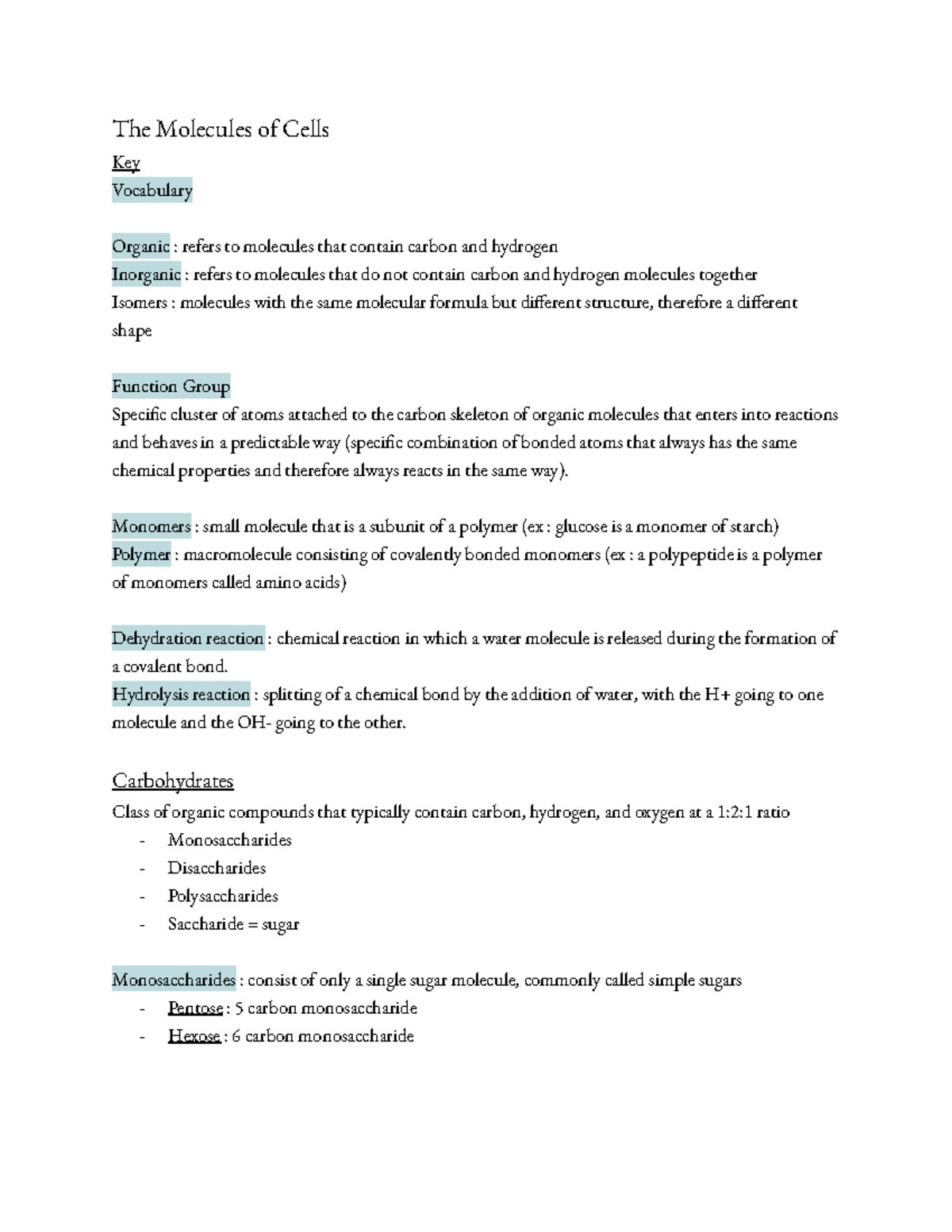 Biology 120 - Ch.2B (2.4-2.8) - The Molecules of Cells Key Vocabulary ...