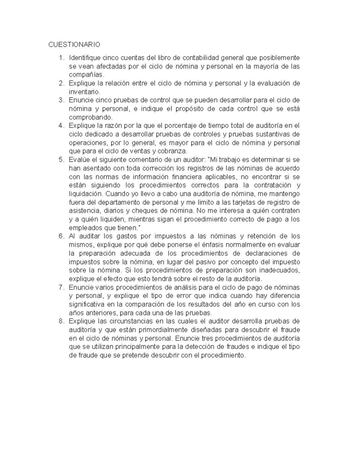 Taller Auditoría DEL Ciclo DE Nómina Y Personal - CUESTIONARIO ...