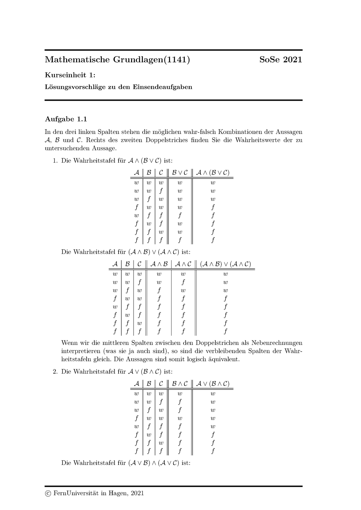 Mathematische Grundlagen Sommersemester 2021 Musterlösung Aufgabe 1 ...