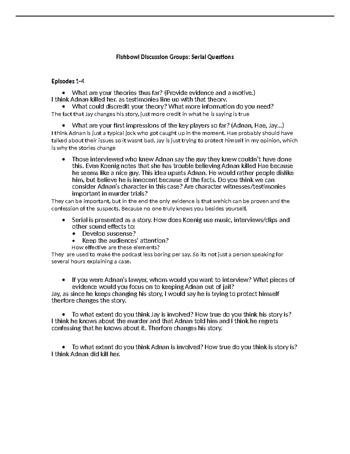 Fishbowl Discussion Groups Serial Questions Fishbowl Discussion Groups Serial Questions