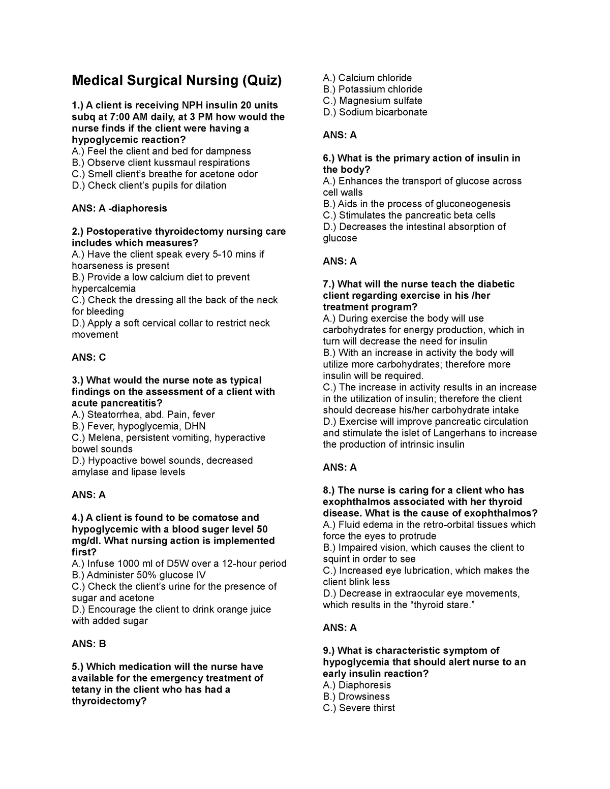 MEDICAL AND SURGICAL NURSING QUIZ - Medical Surgical Nursing (Quiz) 1 ...