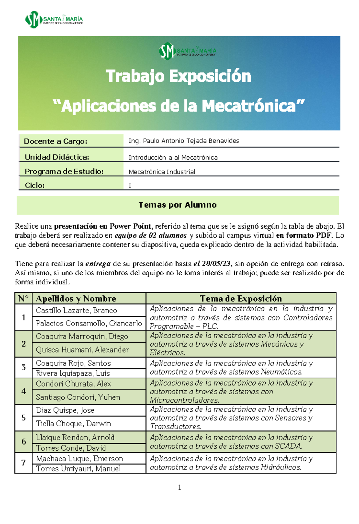 TEXP Aplicaciones DE LA Mecatrónica - 1 Docente a Cargo: Ing. Paulo ...