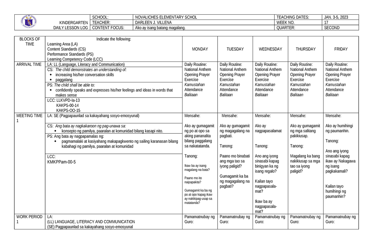 Dll Dll Kindergarten Daily Lesson Log School Novaliches Elementary Schol Teaching Dates 1817