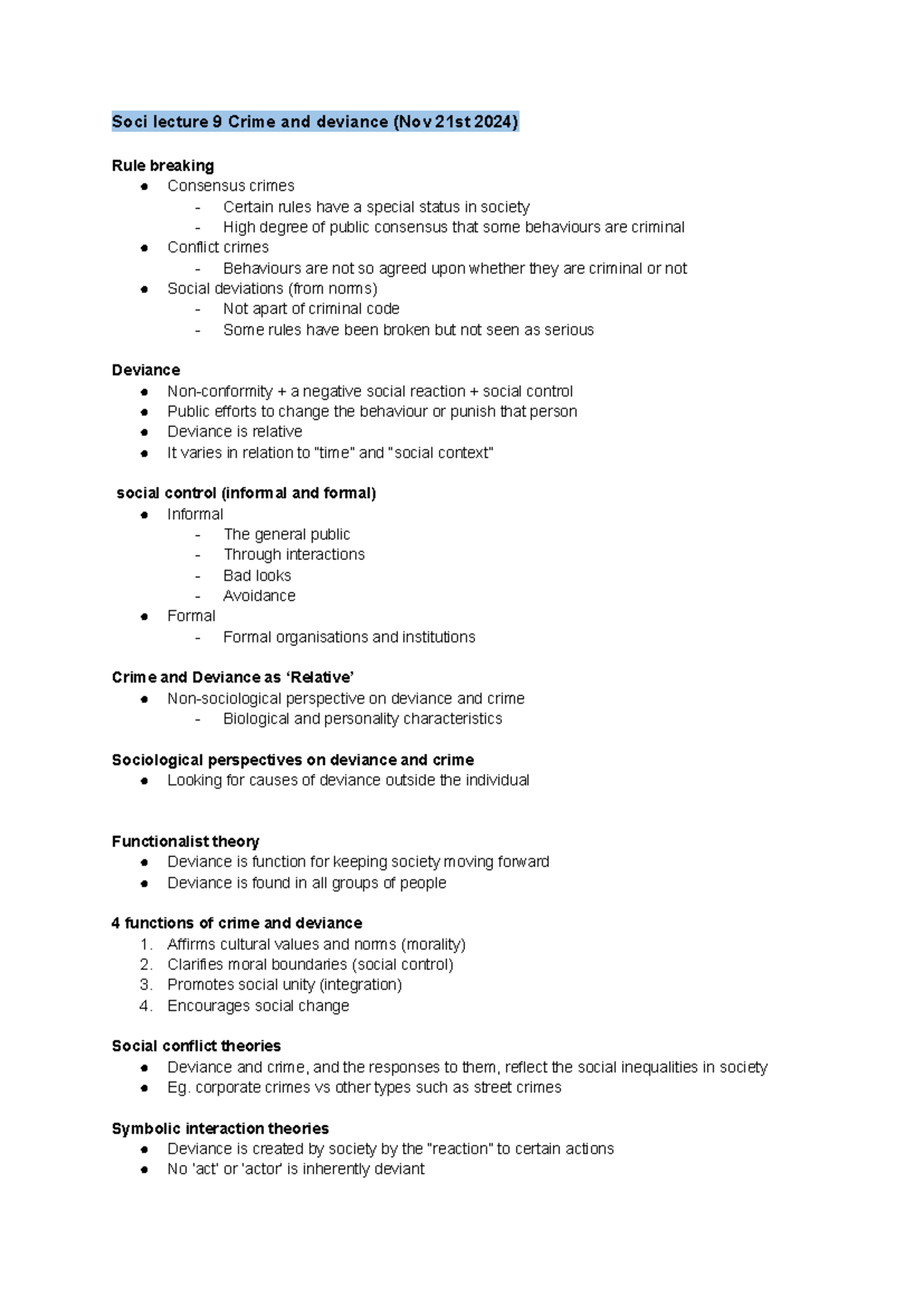 Soci Notes - lecture 9 - Soci lecture 9 Crime and deviance (Nov 21st ...