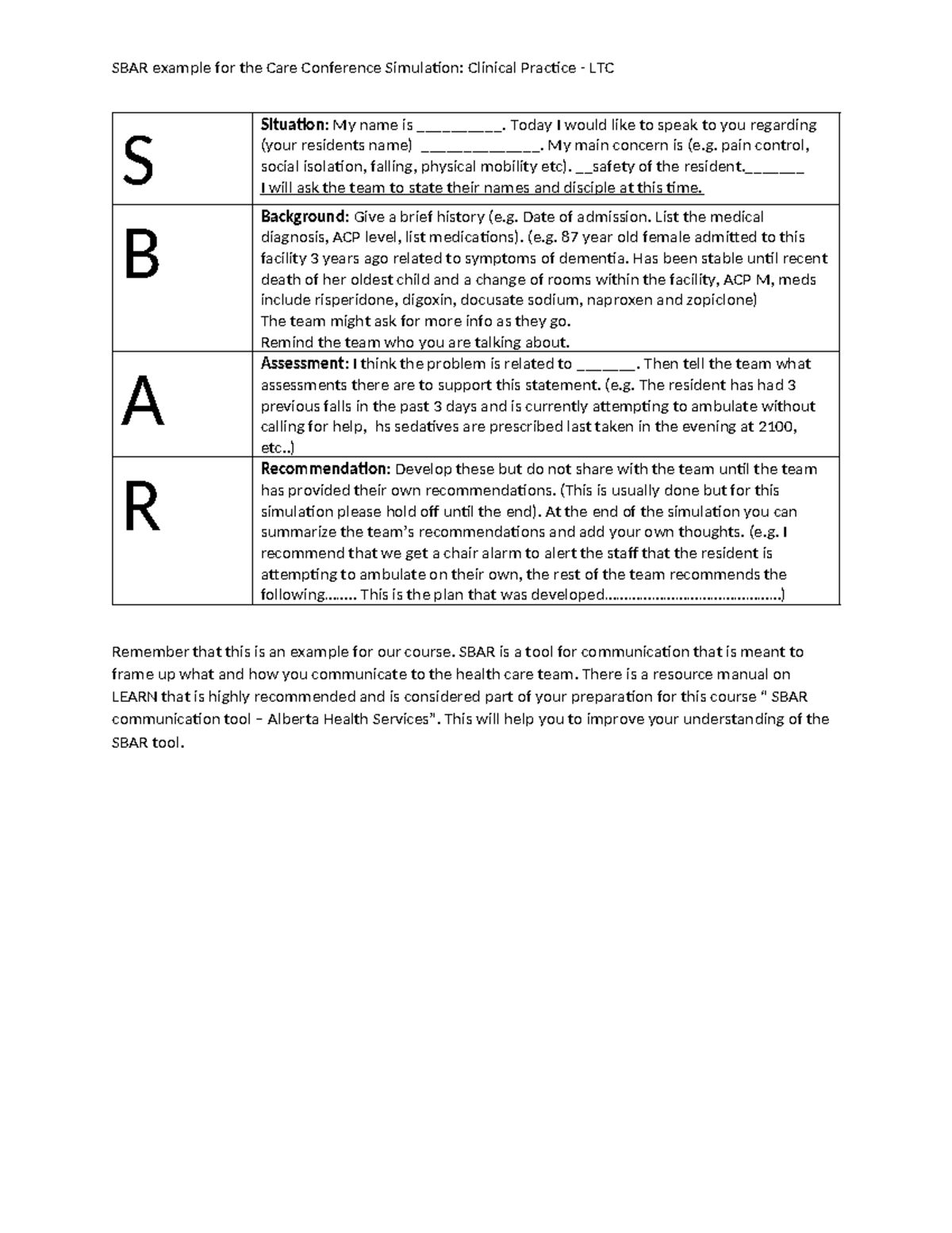 SBAR Template (HA) - SBAR example for the Care Conference Simulation ...