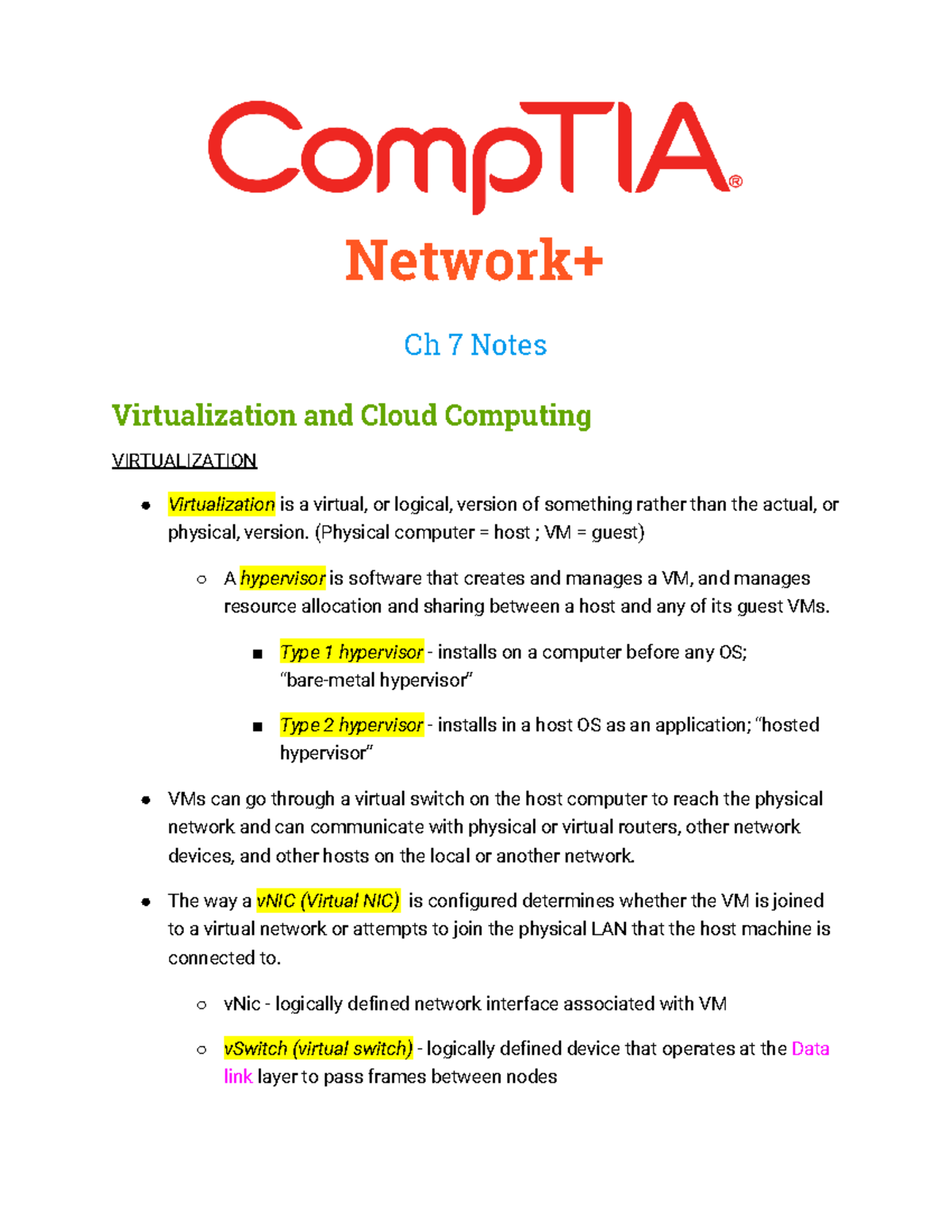 Network+ Ch 7 Notes - Network+ Ch 7 Notes Virtualization and Cloud ...