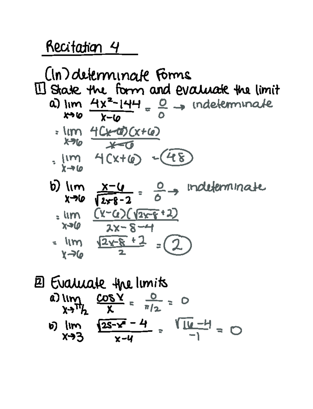 Calc 1 Recitations 4 Notes Recitation In determinate Forms State the