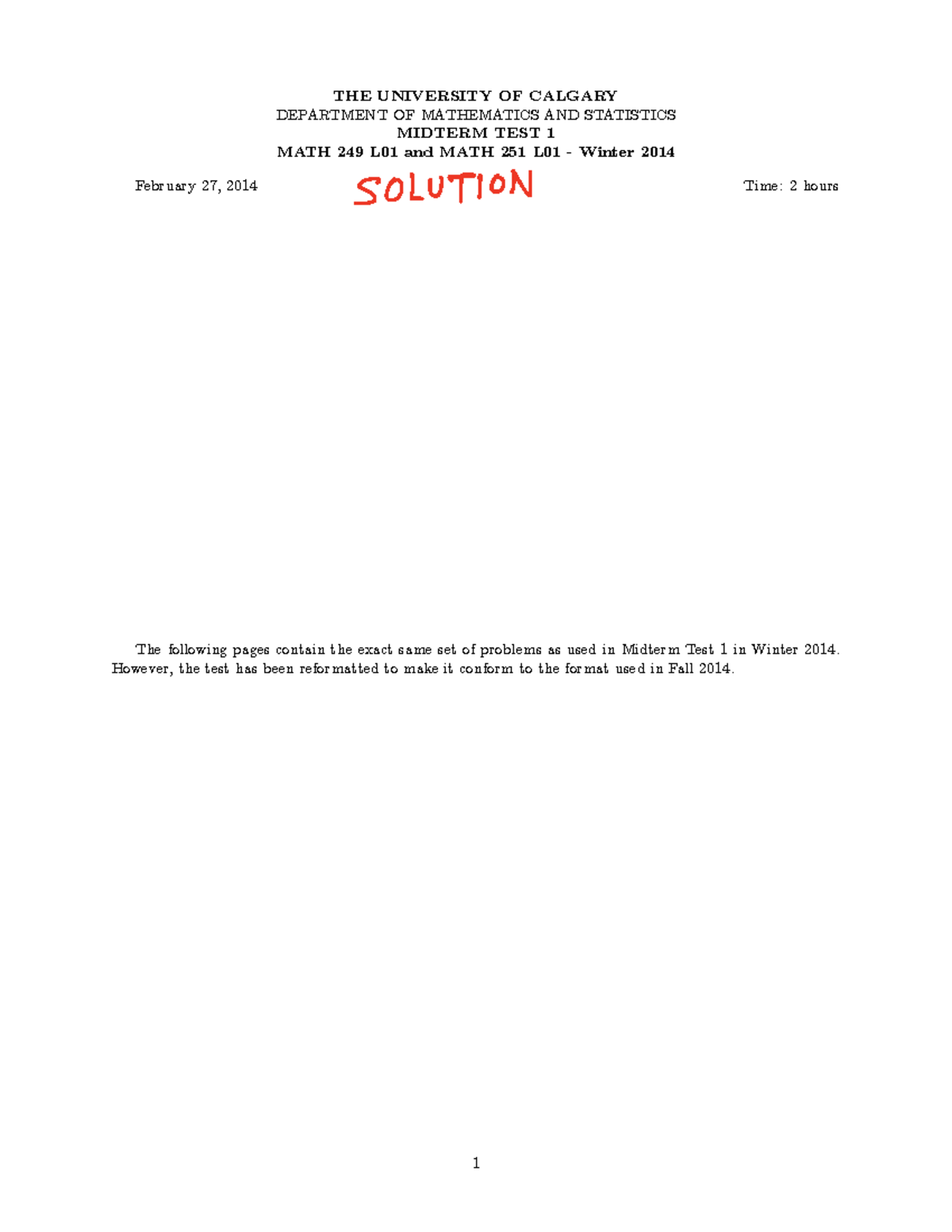 Exam 16 October 2015, questions and answers - THE UNIVERSITY OF CALGARY ...