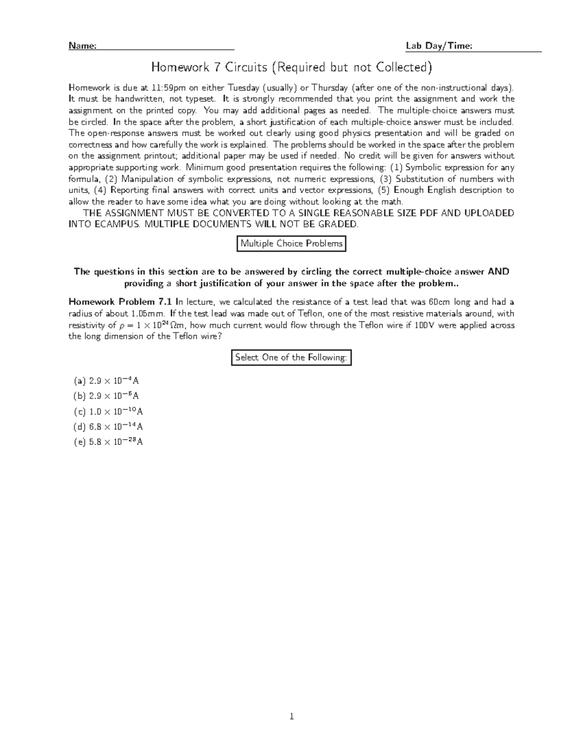 Homework-7 - physics112 - Name: Lab Day/Time: Homework 7 Circuits ...