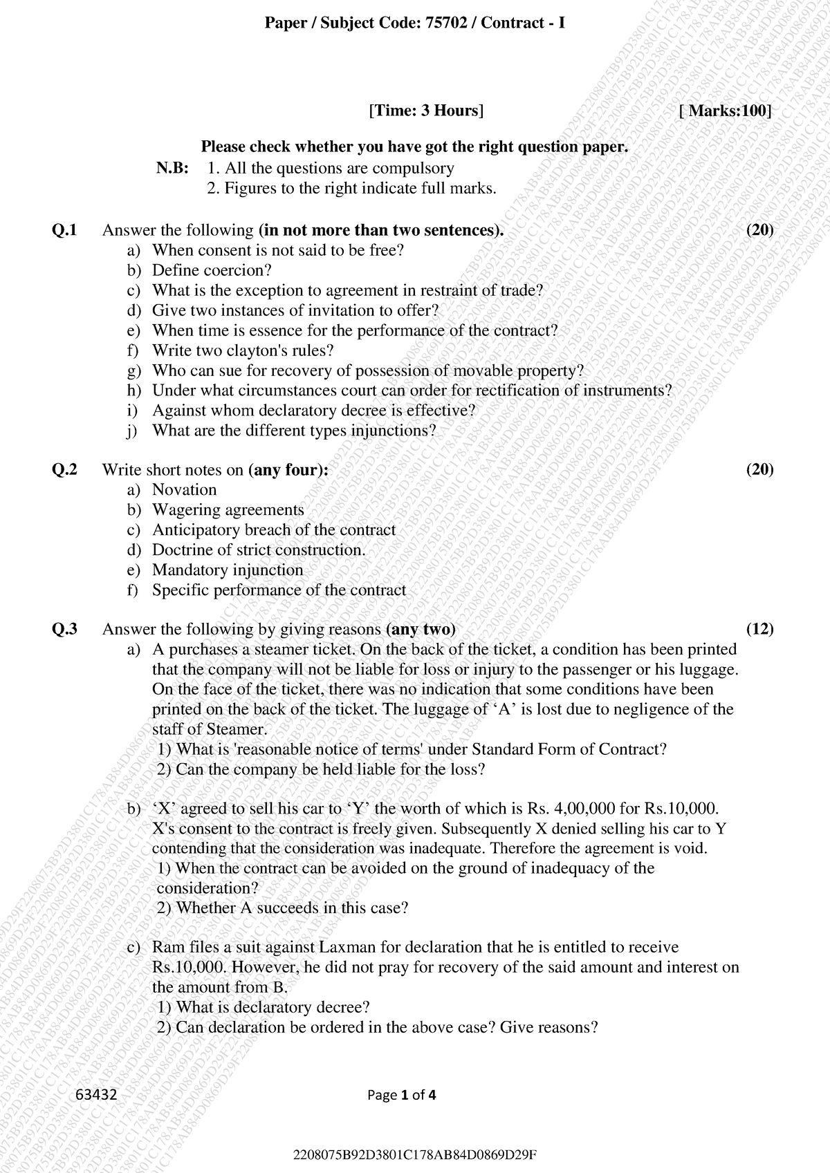 Contract Act - Questions - Sem 01 - 63432 Page 1 of 4 [Time: 3 Hours ...