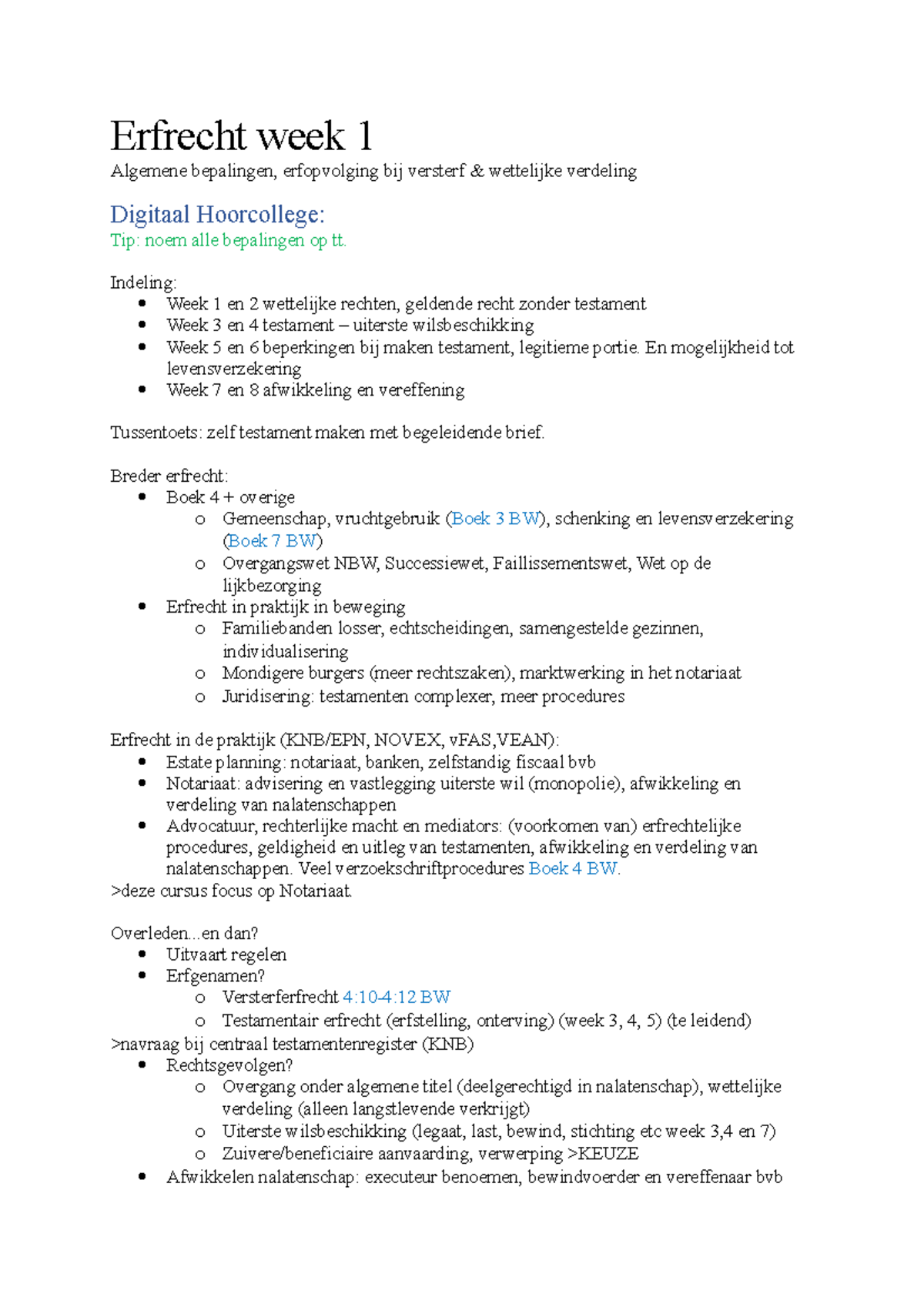 Erfrecht Week 1 - Indeling: Week 1 En 2 Wettelijke Rechten, Geldende ...