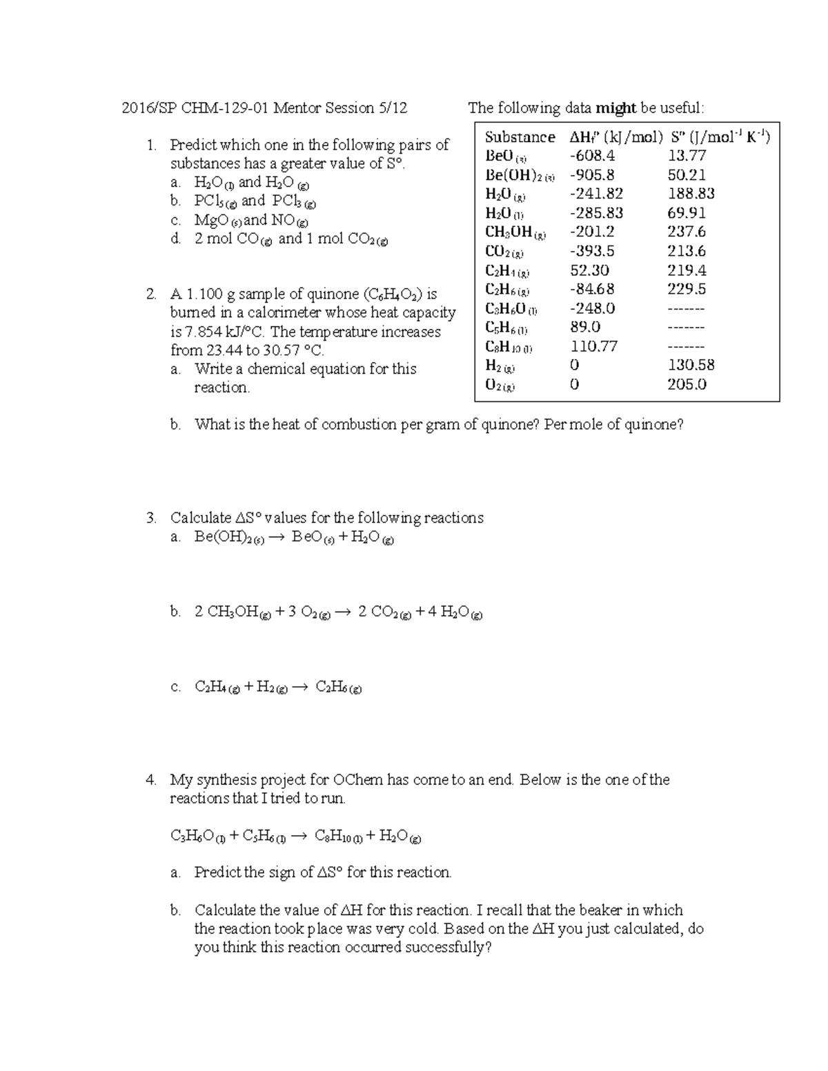 Worksheet 5 - practice - Substance BeO (s) Be(OH)2 (s) H 2 O (g) H 2 O ...