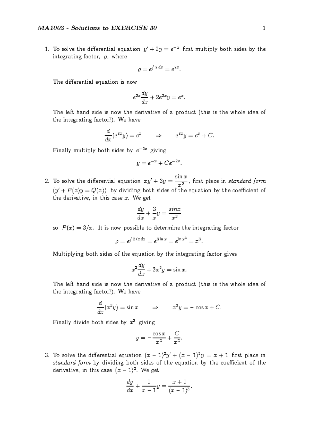 Exercise 30 Solutions - To solve the di erential equation y ′ + 2y = e ...