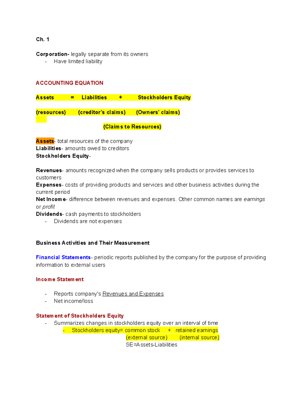 ACCT unit 1 - I got an A with these notes! - Corporation- legally ...