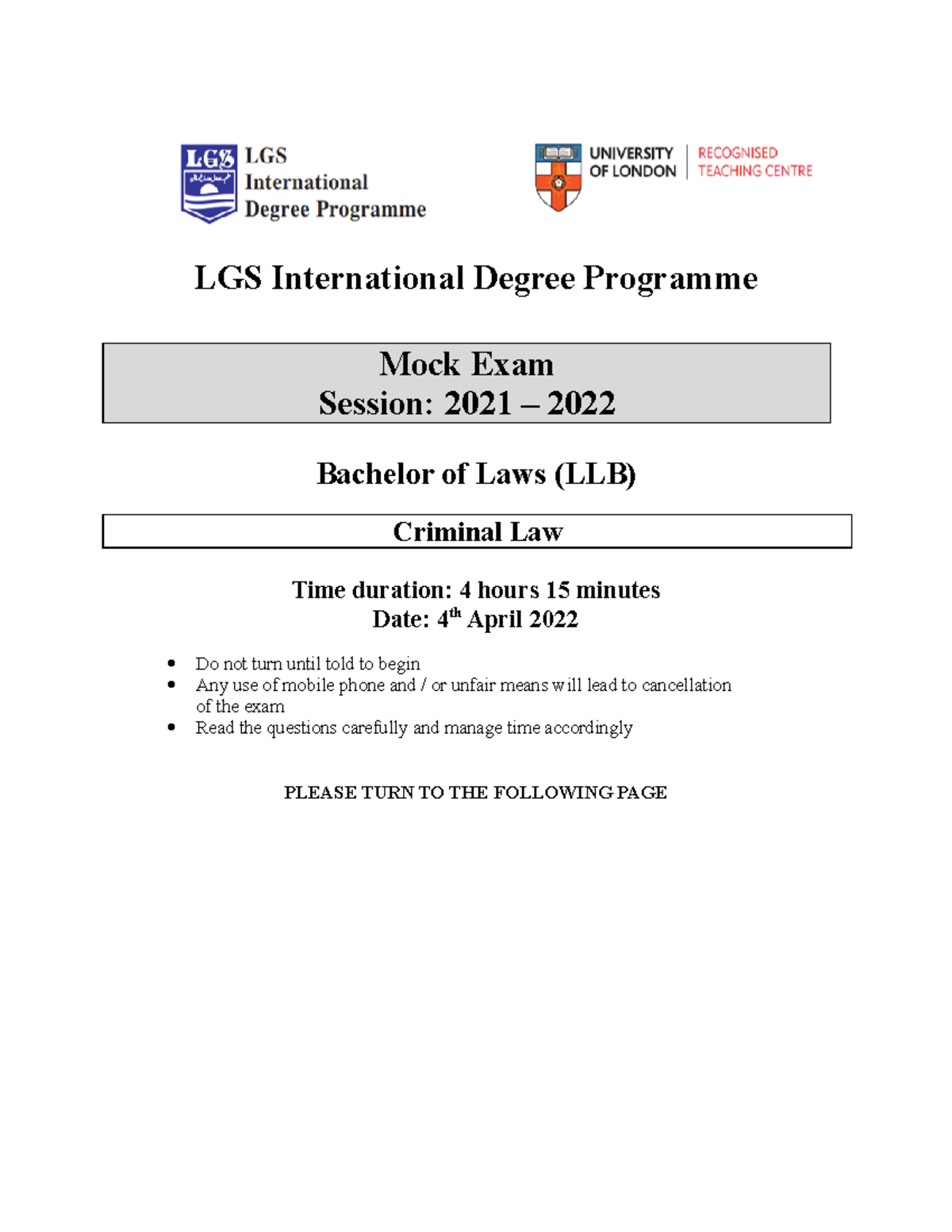 Criminal Law Mock Exam 2022 LGS International Degree Programme Mock