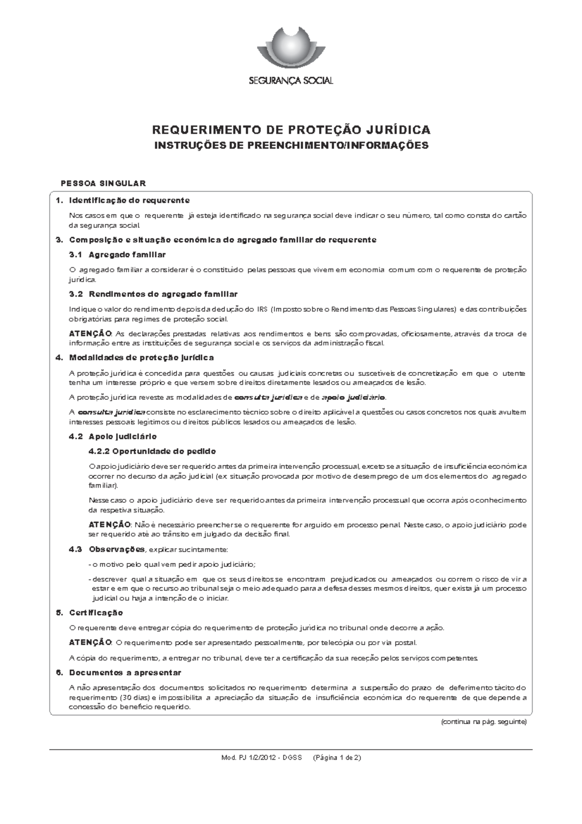 Requerimento de Protecção Jurídica - instruções de preenchimento - Mod ...