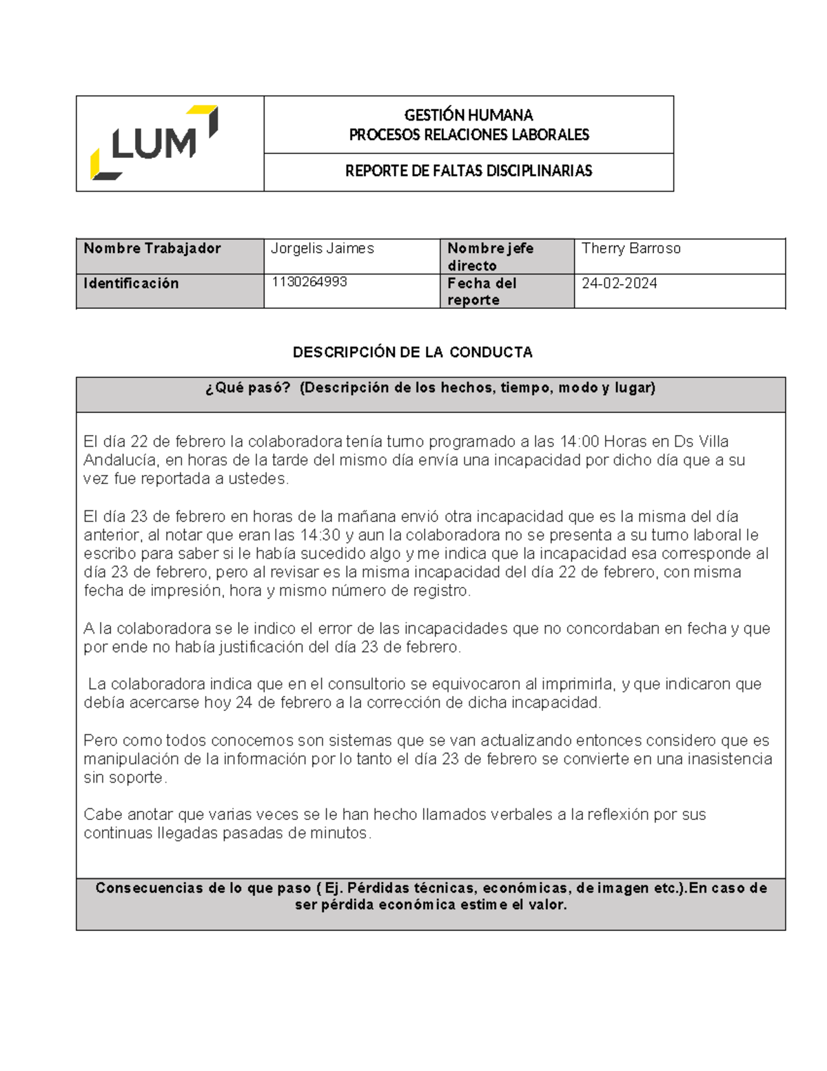 Formato reporte falta disciplinaria - GESTIÓN HUMANA PROCESOS