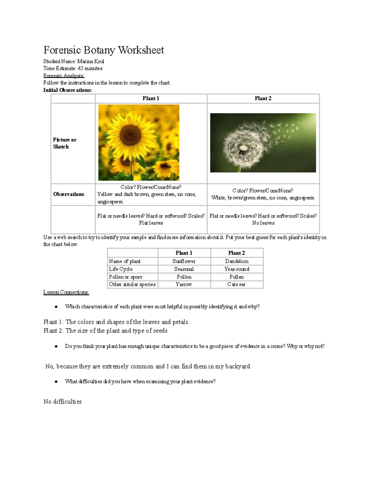 Forensic Botany Worksheet Forensic Botany Worksheet Student Name