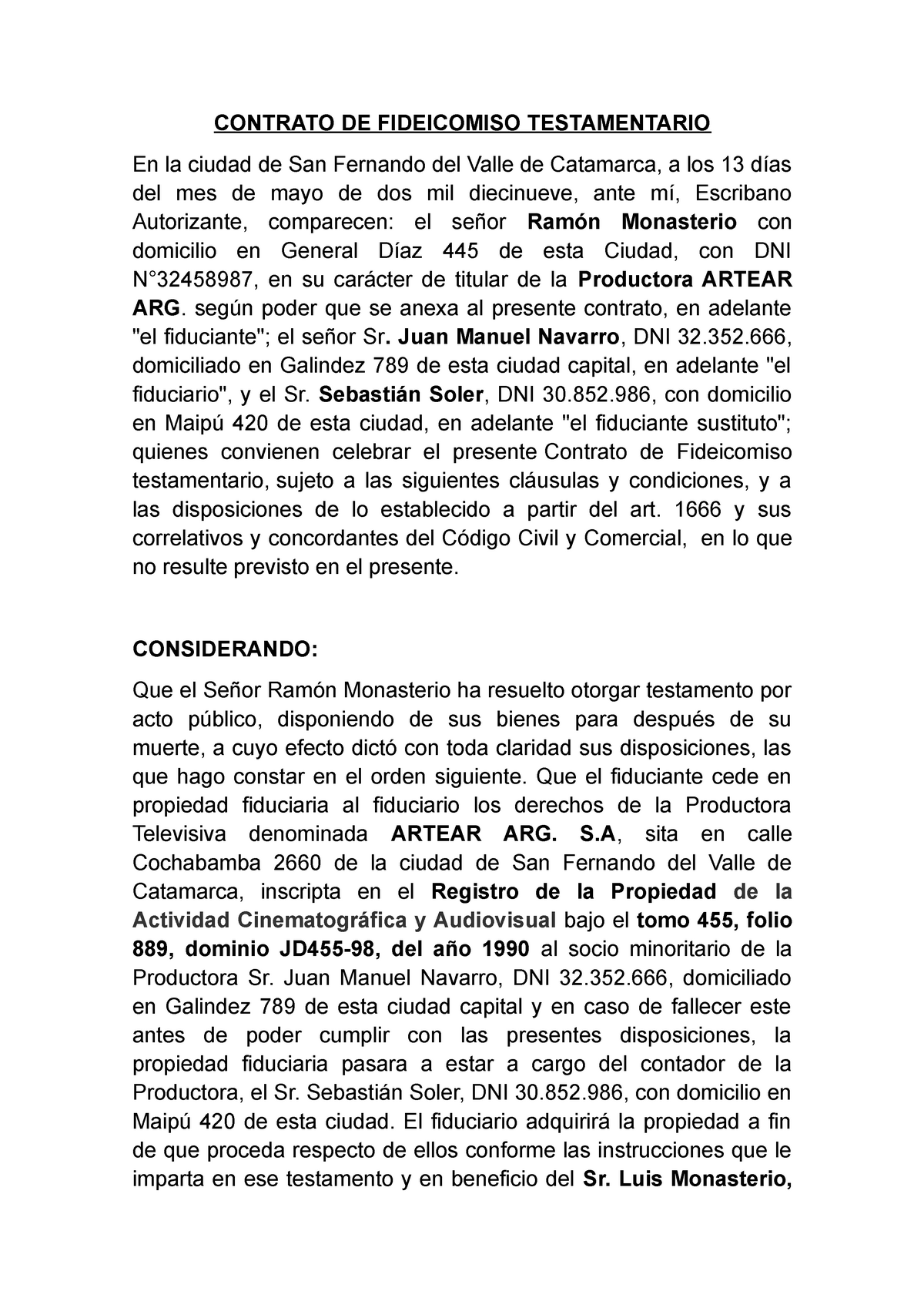 Fideicomiso Testamentario 1 - CONTRATO DE FIDEICOMISO TESTAMENTARIO En la  ciudad de San Fernando del - Studocu