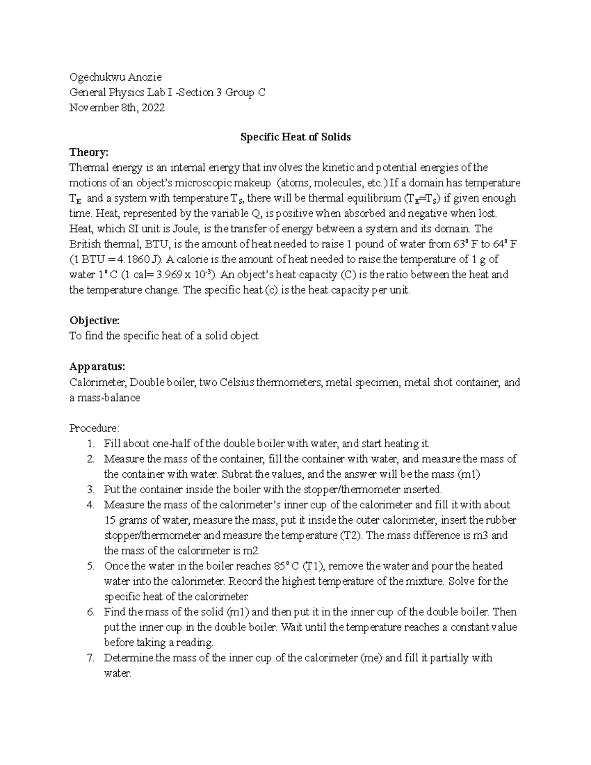 specific heat experiment conclusion