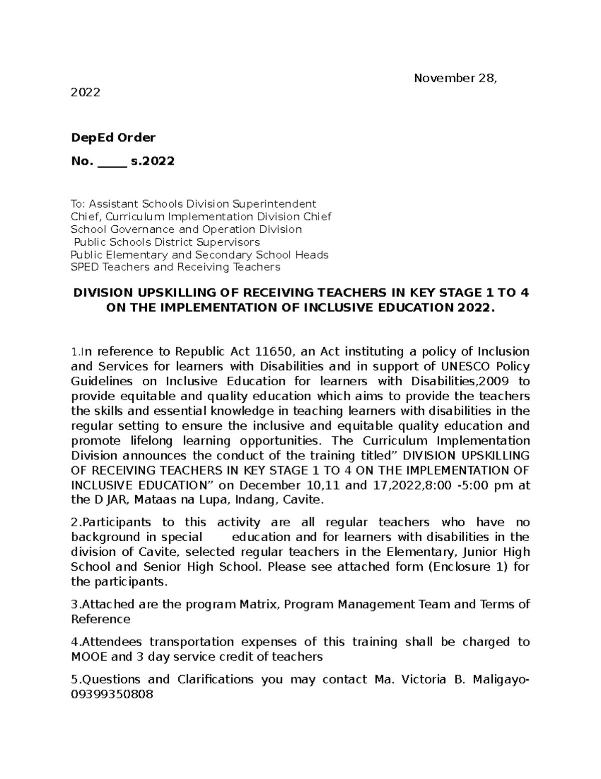Upskilling on Inclusive MEMO 2022 - November 28, 2022 DepEd Order No ...