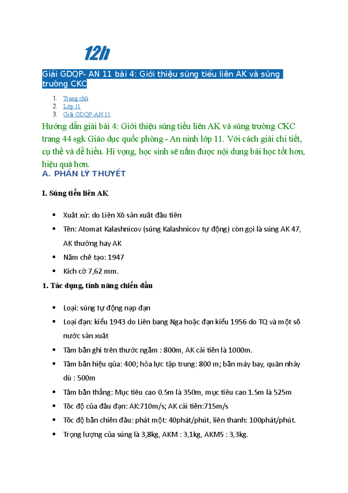 Ak 47 - ..... - Giải GDQP- AN 11 bài 4: Giới thiệu súng tiểu liên AK và ...