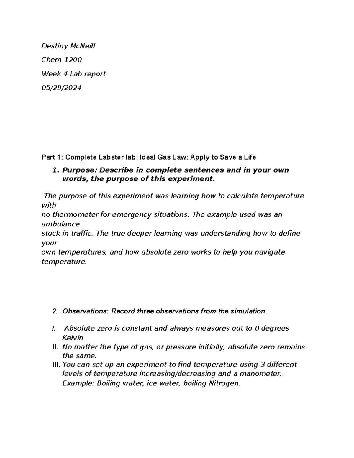 Chem1200 week 4 - lab report - Destiny McNeill Chem 1200 Week 4 Lab ...
