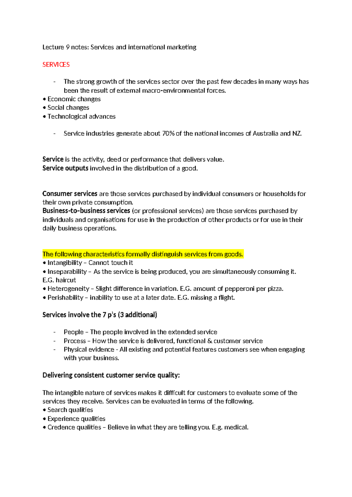 Lecture 9 notes - Lecture 9 notes: Services and international marketing ...