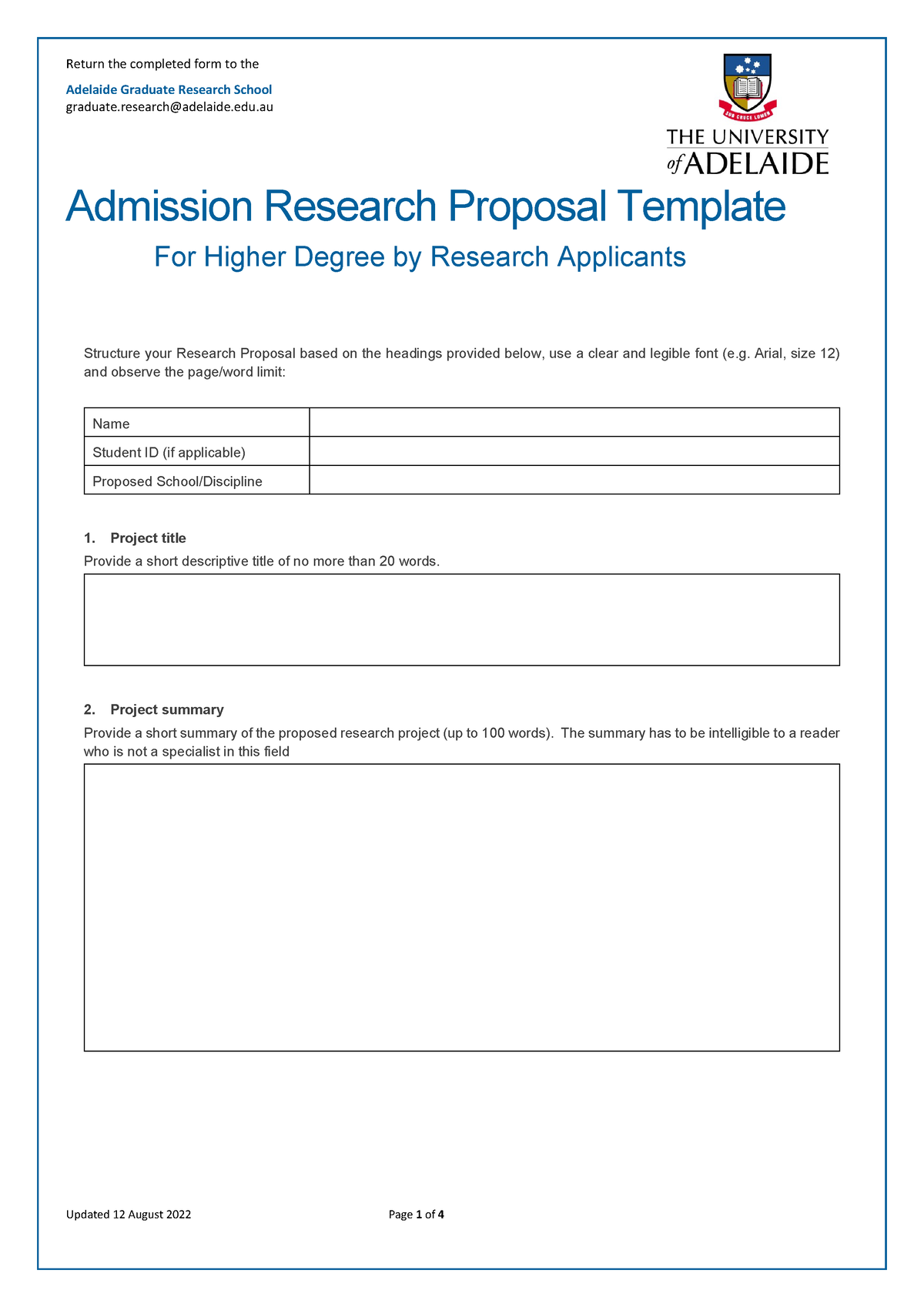 Admision research proposal template - Return the completed form to the ...