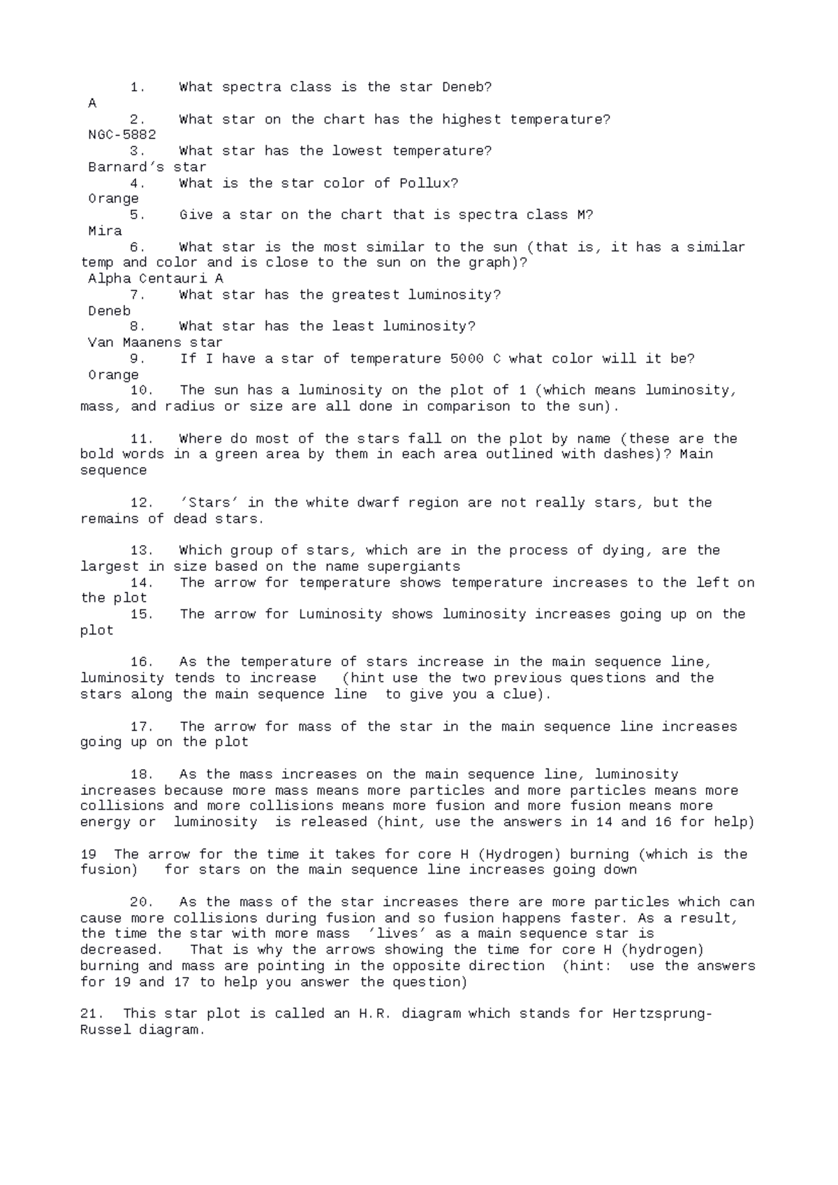 Astronomy Questions 14 What Spectra Class Is The Star Deneb A What