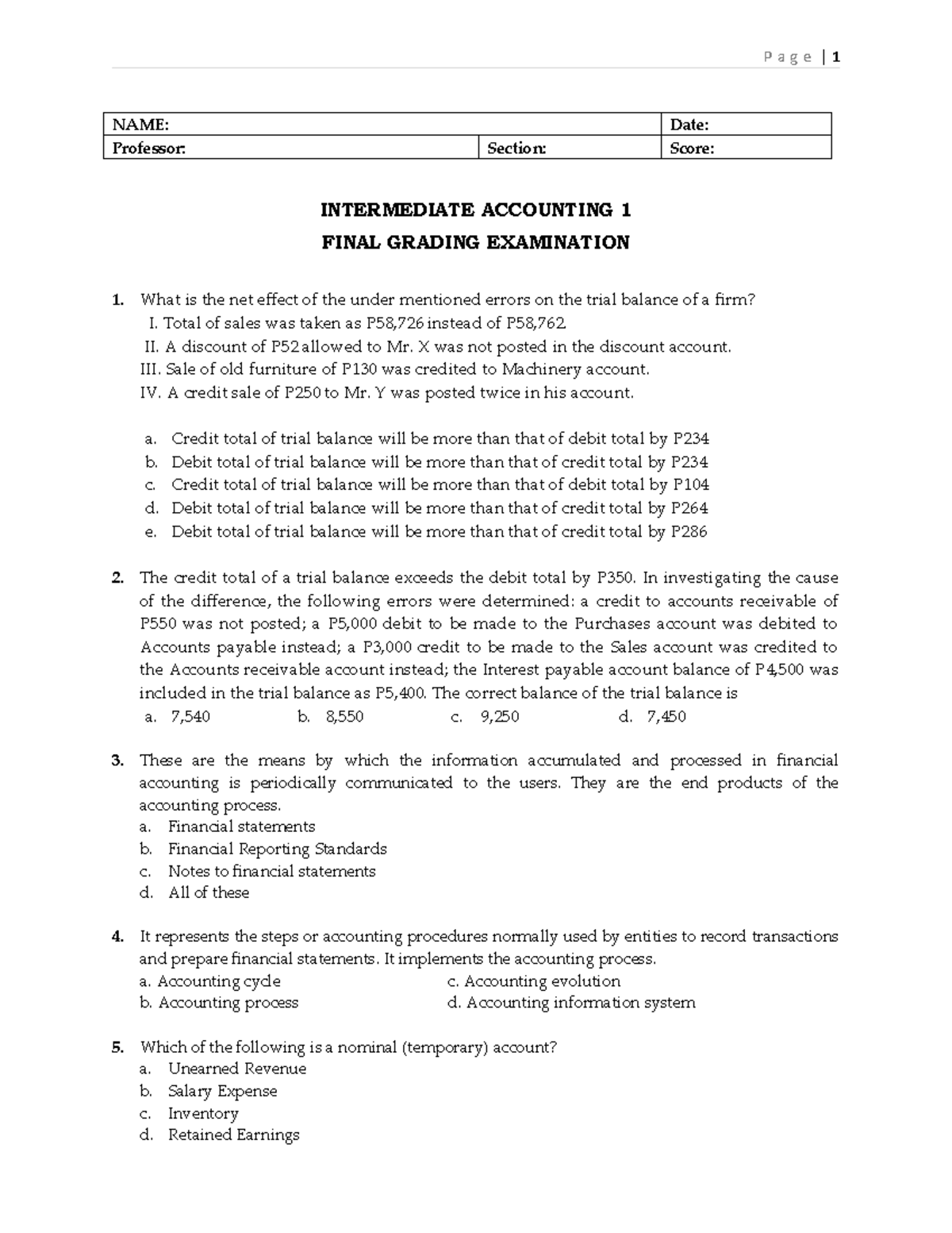 Pdfcoffee - Lecture notes 1 - NAME: Date: Professor: Section: Score ...