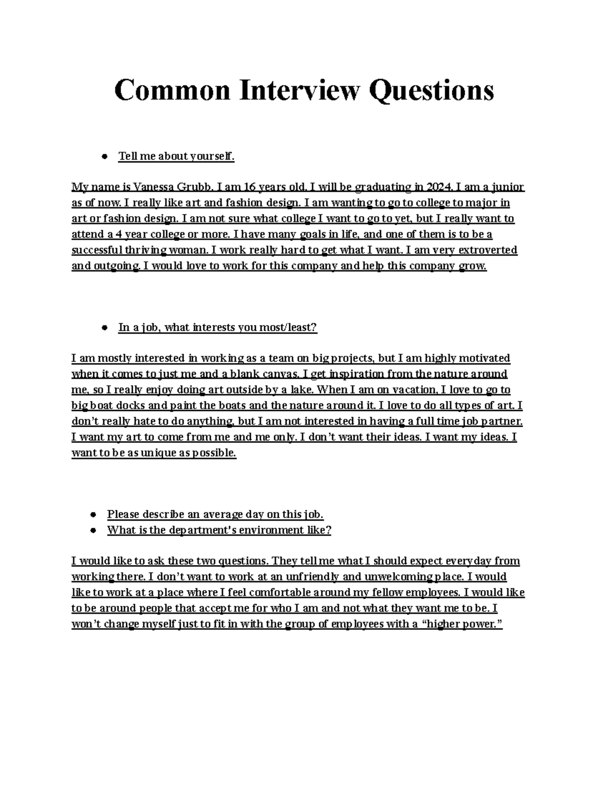 Common Interview Questions - Vanessa Grubb - Common Interview Questions ...